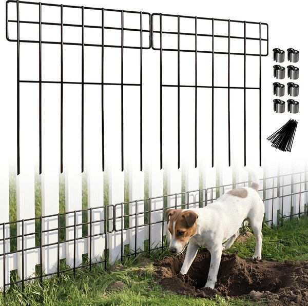Sada 10 kovových dekorativních plotových prvků pro zahradu, výška 43 cm, šířka 33 cm, celková délka 3,3 m. Plot bez nutnosti kopání, ideální jako ohraničení terasy, plot pro psy a králíky