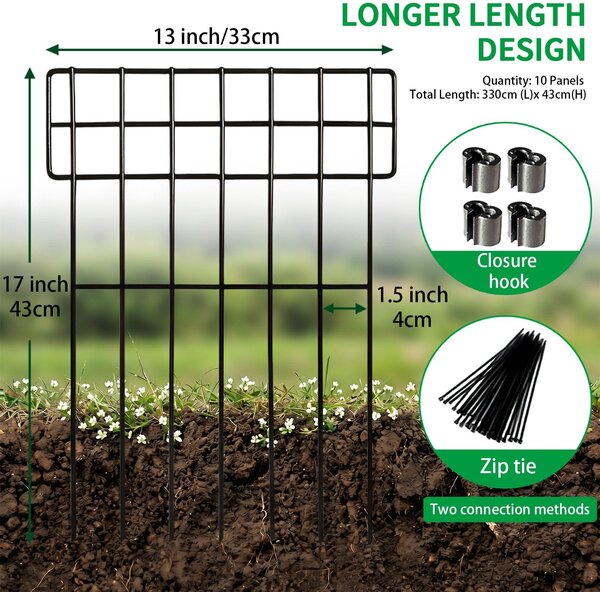 Sada 10 kovových dekorativních plotových prvků pro zahradu, výška 43 cm, šířka 33 cm, celková délka 3,3 m. Plot bez nutnosti kopání, ideální jako ohraničení terasy, plot pro psy a králíky