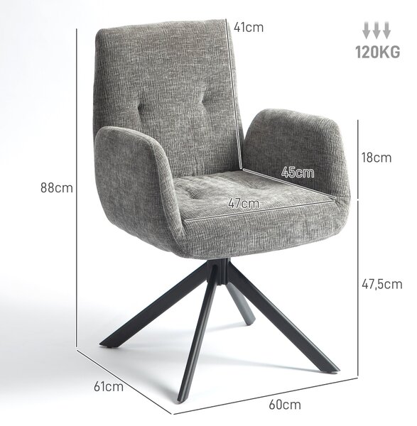 HOMCOM Otočné křeslo 360° čalouněné lounge křeslo s područkami vlněný lněný vzhled prošívané ocelové nohy do obývacího pokoje ložnice tmavě šedé