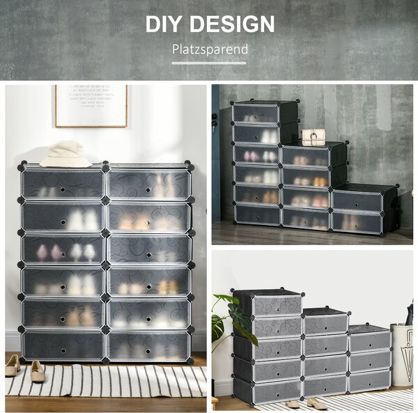 HOMCOM Skříň na Boty s 12 Přihrádkami, Modulární Stojan pro 12 Párů Bot, DIY Úložný Systém do Předsíně, Černá, 49 x 37 x 108 cm | Aosom