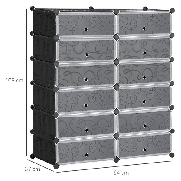 HOMCOM Skříň na Boty s 12 Přihrádkami, Modulární Stojan pro 12 Párů Bot, DIY Úložný Systém do Předsíně, Černá, 49 x 37 x 108 cm | Aosom