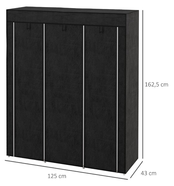 HOMCOM Textilní Skříň, Činžovní Skříň s Visící Tyčí, 8 Polic, Skládací Skříň, Černá, 125 x 43 x 162,5 cm | Aosom
