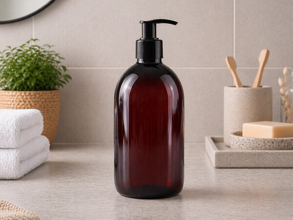 Hnědá lahvička s pumpičkou s černým uzávěrem Rozměr: 250 ml