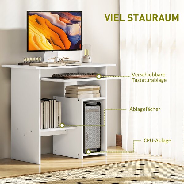 HOMCOM Stůl, 80 x 45 cm, Počítačový stůl, Kancelářský stůl s výsuvným zásuvkovým prostorem, Otevřené přihrádky a police, Dřevotřísková deska, pro Domá