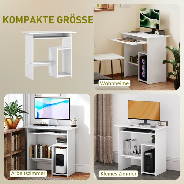 HOMCOM Stůl, 80 x 45 cm, Počítačový stůl, Kancelářský stůl s výsuvným zásuvkovým prostorem, Otevřené přihrádky a police, Dřevotřísková deska, pro Domá