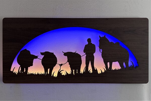 "Člověk, kůň a býk" světelný obraz s baterií RGBW 100x45 cm varianta ovládání: ovládání na obraze včetně dálkového ovladače, provedení povrchu: dub světlý