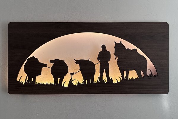 "Člověk, kůň a býk" světelný obraz s baterií RGBW 100x45 cm varianta ovládání: ovládání na obraze včetně dálkového ovladače, provedení povrchu: dub světlý