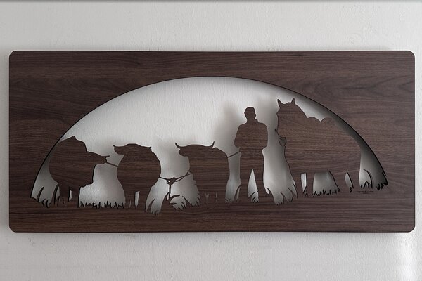 "Člověk, kůň a býk" světelný obraz 230V RGBW 100x50 cm provedení povrchu: dub