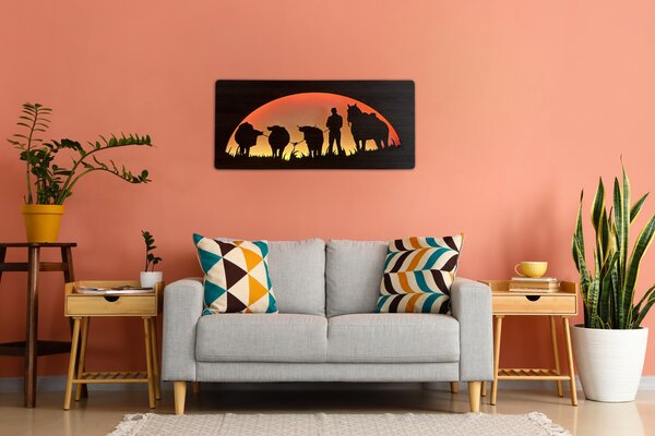 "Člověk, kůň a býk" světelný obraz s baterií RGBW 100x45 cm varianta ovládání: ovládání na obraze včetně dálkového ovladače, provedení povrchu: dub světlý
