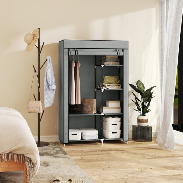 HOMCOM Textilní Skříň s 6 Policemi, Oblečkový Prut, Skříň na Zip pro Oblékací Pokoj a Ložnici, 103 x 43 x 162,5 cm, Světle Šedá | Aosom