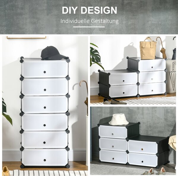 HOMCOM Plastový regál na boty pro 6 párů bot, skříňka na boty do chodby, DIY modulární regál, černá+bílá 49 x 36,5 x 108 cm | Aosom