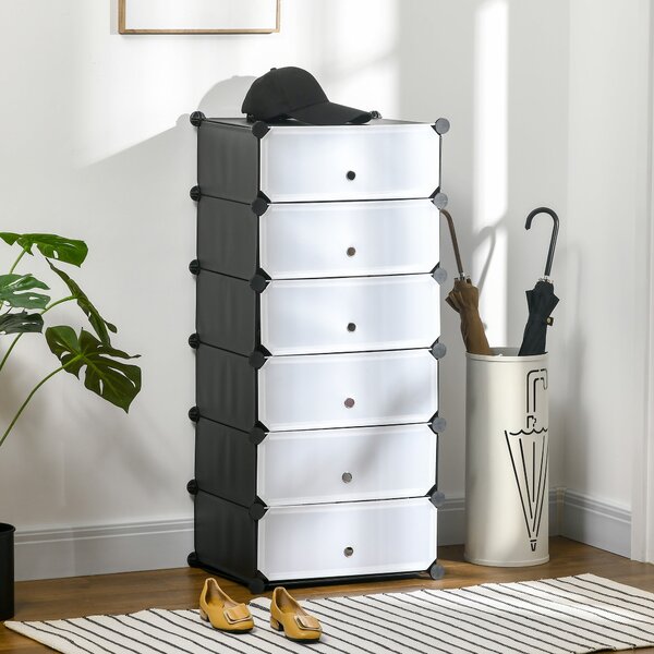 HOMCOM Plastový regál na boty pro 6 párů bot, skříňka na boty do chodby, DIY modulární regál, černá+bílá 49 x 36,5 x 108 cm | Aosom