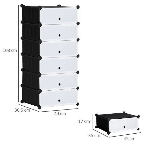 HOMCOM Plastový regál na boty pro 6 párů bot, skříňka na boty do chodby, DIY modulární regál, černá+bílá 49 x 36,5 x 108 cm | Aosom
