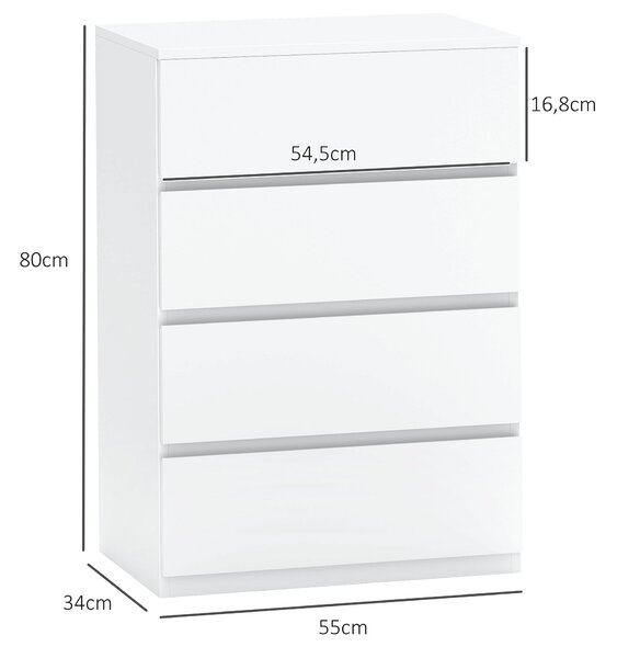 HOMCOM Komoda s 4 Zásuvkami - Moderní Úložný Kabinet pro Obývací Pokoj, Ložnici, Chodbu, Bílá, 55 x 33 x 80 cm | Aosom