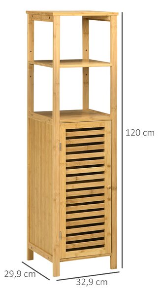 Kleankin koupelnová skříňka se dveřmi, dvě otevřené police, bambus, vysoká skříňka do koupelny a obývacího pokoje, přibližně 33 x 30 x 120 cm Přírodní