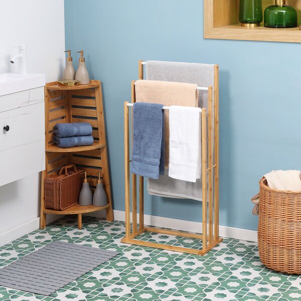 HOMCOM Samostatný stojan na ručníky se 3 tyčemi - stojan na ručníky z bambusu do koupelny, 48 x 25,8 x 94 cm | Aosom
