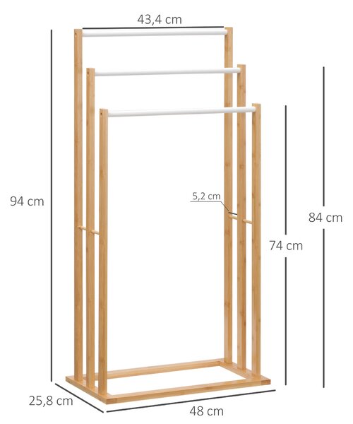 HOMCOM Samostatný stojan na ručníky se 3 tyčemi - stojan na ručníky z bambusu do koupelny, 48 x 25,8 x 94 cm | Aosom