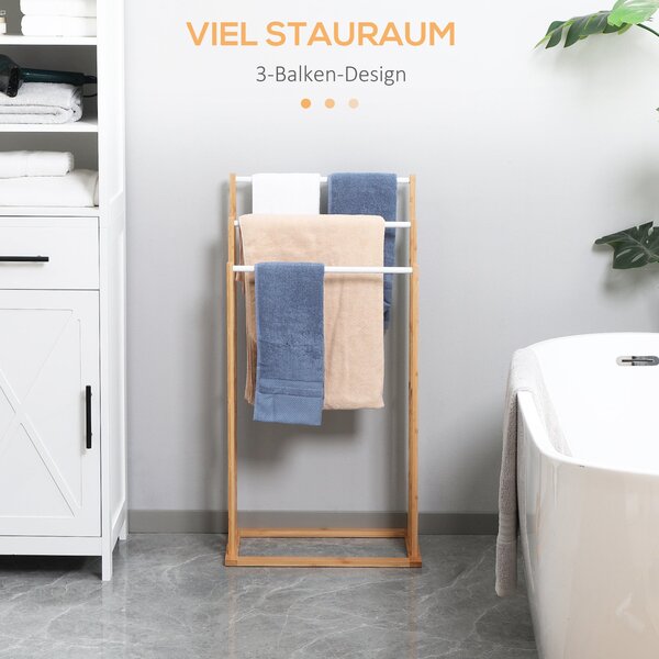 HOMCOM Samostatný stojan na ručníky se 3 tyčemi - stojan na ručníky z bambusu do koupelny, 48 x 25,8 x 94 cm | Aosom
