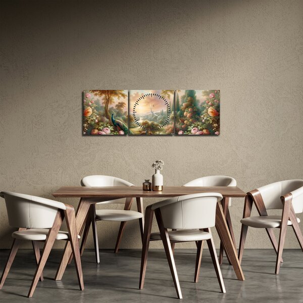 Obraz - Pávi v zahradě (s hodinami) (90x30 cm)