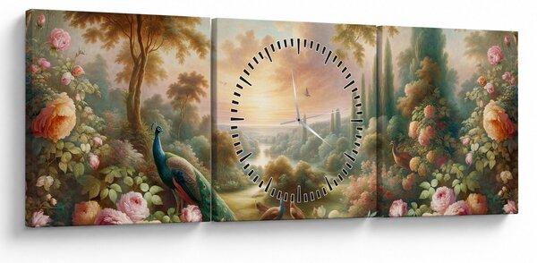 Obraz - Pávi v zahradě (s hodinami) (90x30 cm)