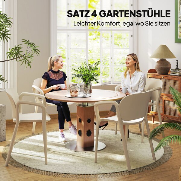 Sada 4 Zahradních Židlí Outsunny - Odolné Plastové Židle do Zahrady, Stohovatelné s Opěrkami a Zádovou Opěrkou, Podporují až 120 kg, Zahradní Nábytek