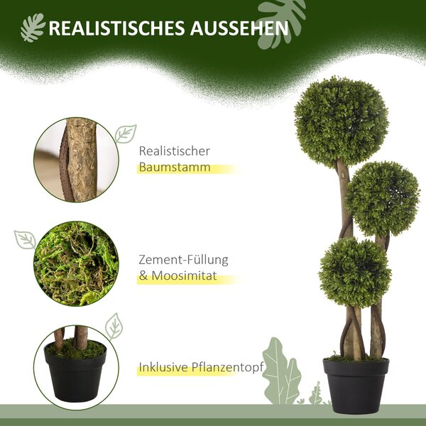 HOMCOM Velký Umělý Buxus 90 cm, UV-Ochranný Umělý Strom, Umělá Rostlina, Plastové Umělé Rostliny v Květináči, Napodobenina Rostliny jako Skutečné pro