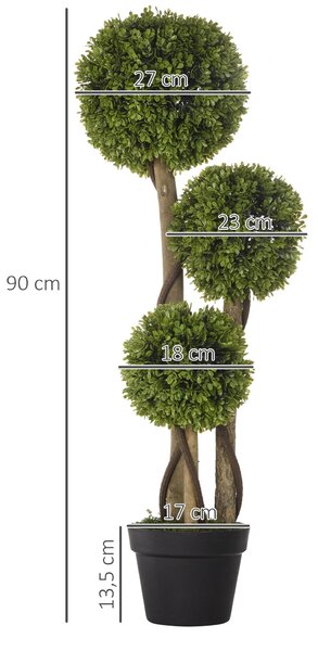 HOMCOM Velký Umělý Buxus 90 cm, UV-Ochranný Umělý Strom, Umělá Rostlina, Plastové Umělé Rostliny v Květináči, Napodobenina Rostliny jako Skutečné pro