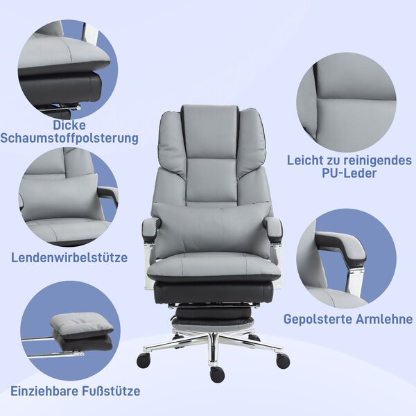 HOMCOM Kancelářská židle, ergonomická židle s houpací funkcí, opěrky na ruce, podnožka, sklápěcí počítačová židle s bederním polštářem, do 120 kg zatí