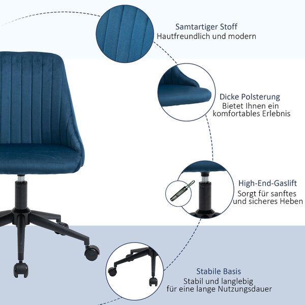 Vinsetto Otočná kancelářská židle Ergonomický design s nastavitelnou výškou 360° otočná pěnová sametová polyesterová modrá 50 x 58 x 77-87 cm | Aosom