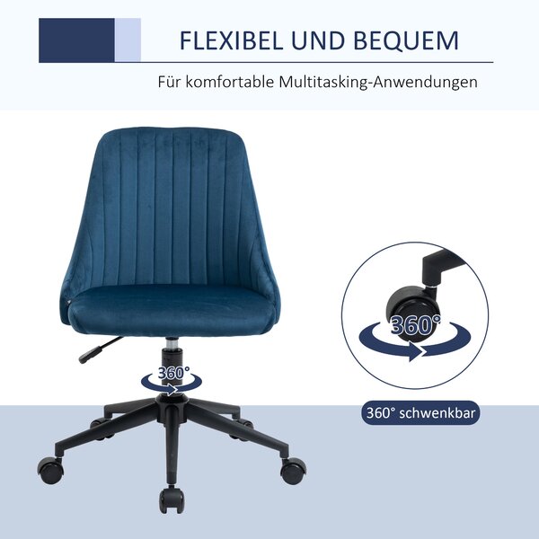 Vinsetto Otočná kancelářská židle Ergonomický design s nastavitelnou výškou 360° otočná pěnová sametová polyesterová modrá 50 x 58 x 77-87 cm | Aosom