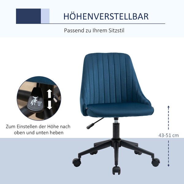Vinsetto Otočná kancelářská židle Ergonomický design s nastavitelnou výškou 360° otočná pěnová sametová polyesterová modrá 50 x 58 x 77-87 cm | Aosom