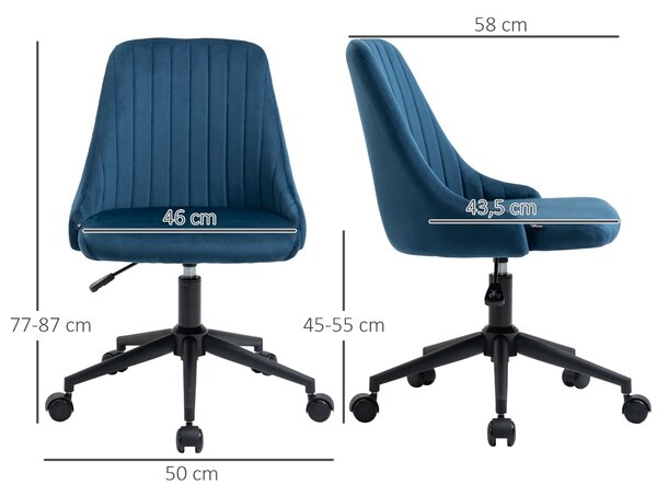 Vinsetto Otočná kancelářská židle Ergonomický design s nastavitelnou výškou 360° otočná pěnová sametová polyesterová modrá 50 x 58 x 77-87 cm | Aosom