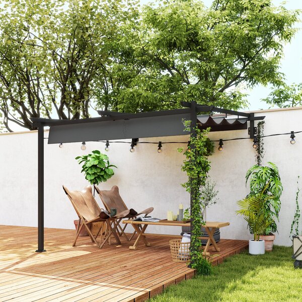 Outsunny Pergola s střechou na terasu přibližně 3x3m, zahradní pavilon z hliníku, montovaný na zeď, zahradní altán s nastavitelnou střechou, ochrana p