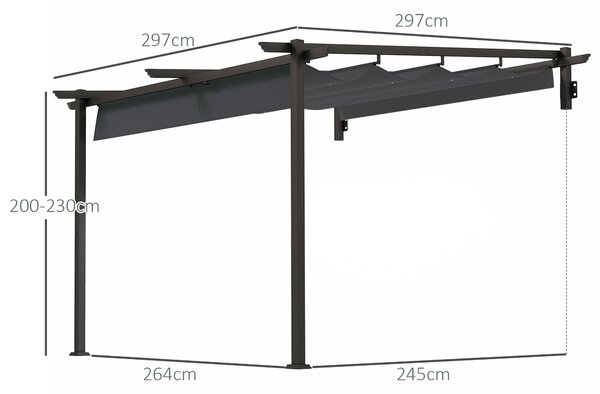 Outsunny Pergola s střechou na terasu přibližně 3x3m, zahradní pavilon z hliníku, montovaný na zeď, zahradní altán s nastavitelnou střechou, ochrana p