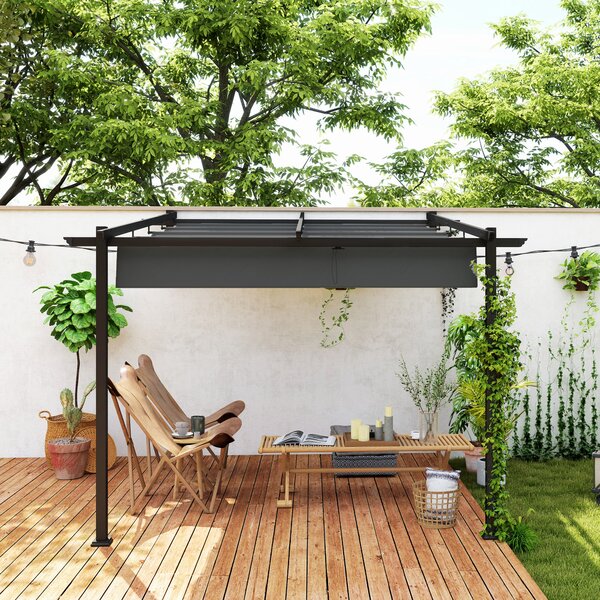 Outsunny Pergola s střechou na terasu přibližně 3x3m, zahradní pavilon z hliníku, montovaný na zeď, zahradní altán s nastavitelnou střechou, ochrana p