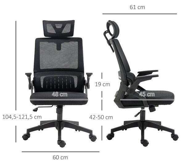 Ergonomická kancelářská židle Vinsetto s nastavitelnou opěrkou hlavy, výškou područek a funkcí naklonění, bederní opora, síťovina, černá | Aosom