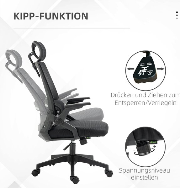 Ergonomická kancelářská židle Vinsetto s nastavitelnou opěrkou hlavy, výškou područek a funkcí naklonění, bederní opora, síťovina, černá | Aosom