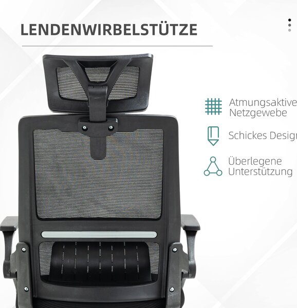 Ergonomická kancelářská židle Vinsetto s nastavitelnou opěrkou hlavy, výškou područek a funkcí naklonění, bederní opora, síťovina, černá | Aosom