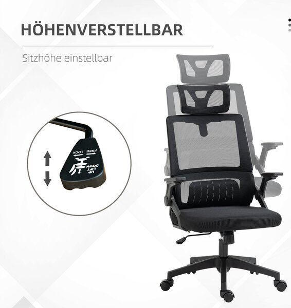 Ergonomická kancelářská židle Vinsetto s nastavitelnou opěrkou hlavy, výškou područek a funkcí naklonění, bederní opora, síťovina, černá | Aosom