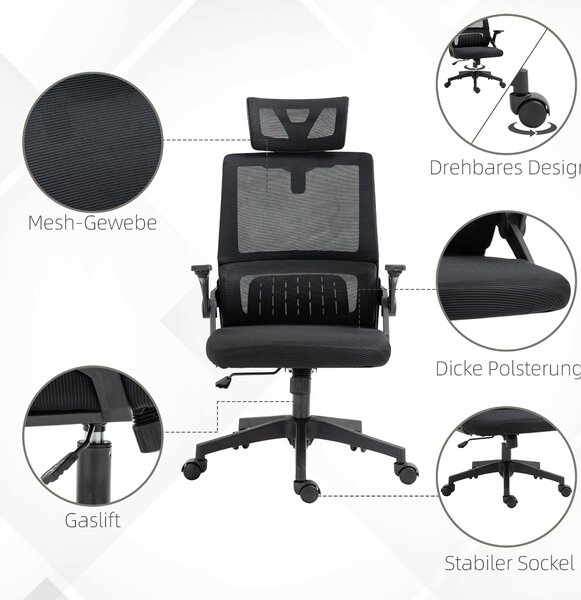 Ergonomická kancelářská židle Vinsetto s nastavitelnou opěrkou hlavy, výškou područek a funkcí naklonění, bederní opora, síťovina, černá | Aosom