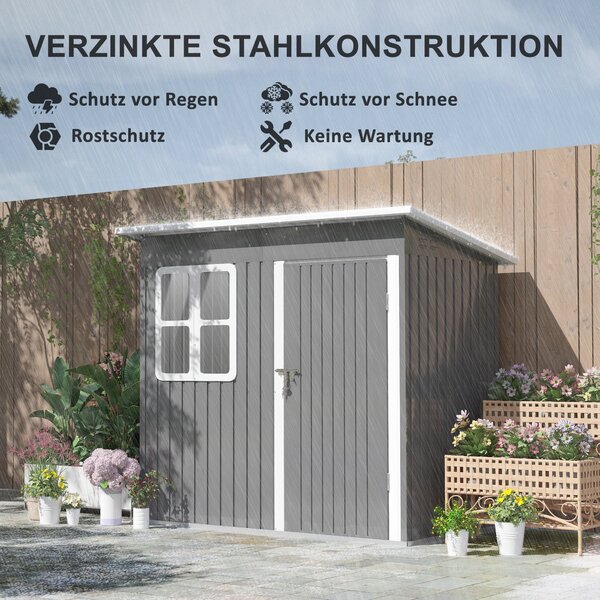 Zahradní Kůlna Outsunny 2,55m², Kůlna s Pultovou Střechou, 221 x 133 x 190/173 cm, Nářaďová Kůlna s Zamykatelnými Dveřmi, Okno, Garáž na Kolo, Ocelový