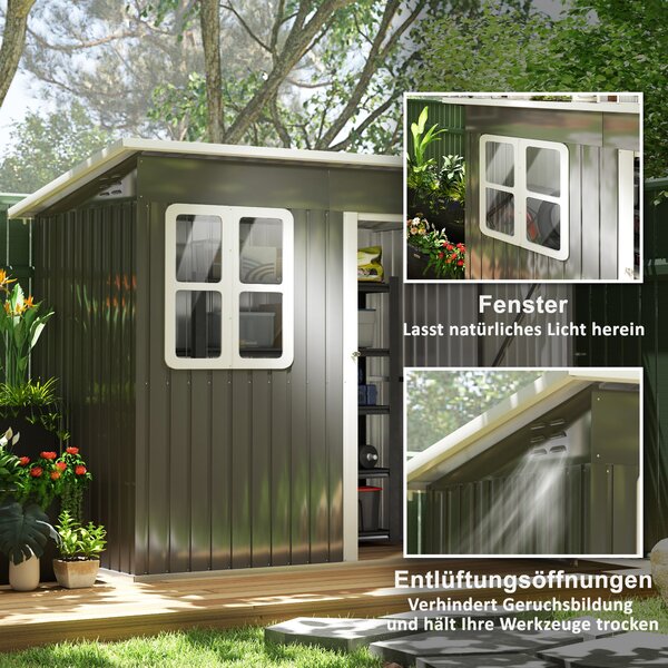 Zahradní Kůlna Outsunny 2,55m², Kůlna s Pultovou Střechou, 221 x 133 x 190/173 cm, Nářaďová Kůlna s Zamykatelnými Dveřmi, Okno, Garáž na Kolo, Ocelový