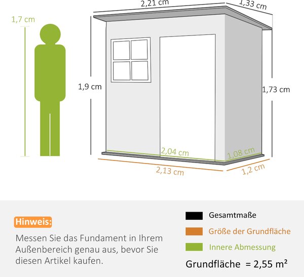 Zahradní Kůlna Outsunny 2,55m², Kůlna s Pultovou Střechou, 221 x 133 x 190/173 cm, Nářaďová Kůlna s Zamykatelnými Dveřmi, Okno, Garáž na Kolo, Ocelový