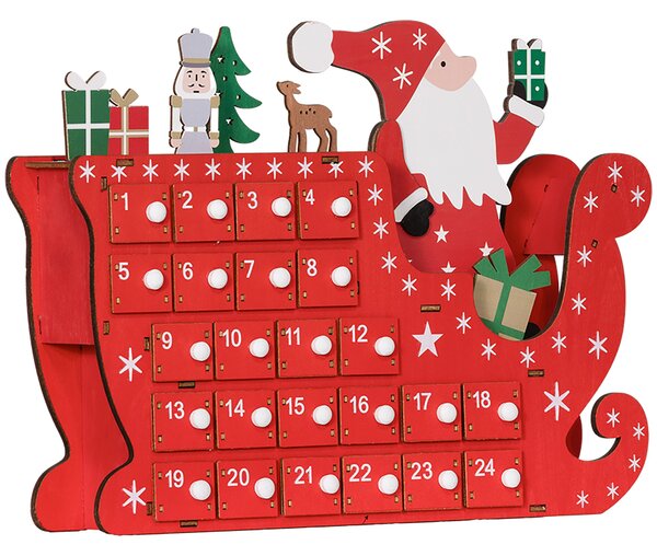 HOMCOM Naplňovací Adventní Kalendář 24 Šuplíků Vánoční Kalendář Adventní Kalendář Krabice Vánoční Dekorace DIY MDF Deska Červená 22,5 x 8 x 36 cm | Ao