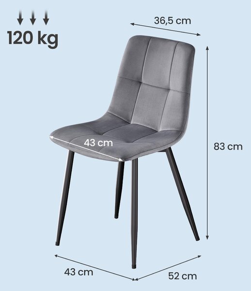 VASAGLE jídelní židle, sada 6 kusů, otočné o 360°, ergonomická sametová židle, rozměry 43 x 52 x 83 cm, šedá barva
