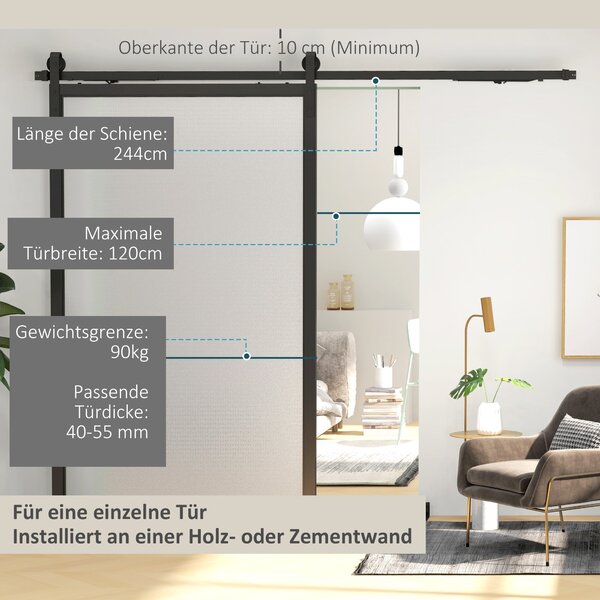 HOMCOM Sada kování pro posuvné dveře 244 cm – Kompletní set s funkcí tlumení, kolejničkami, kolečky, protišplhacími zařízeními, zarážkami dveří, vodič