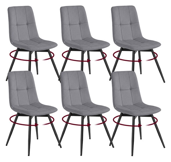 VASAGLE jídelní židle, sada 6 kusů, otočné o 360°, ergonomická sametová židle, rozměry 43 x 52 x 83 cm, šedá barva