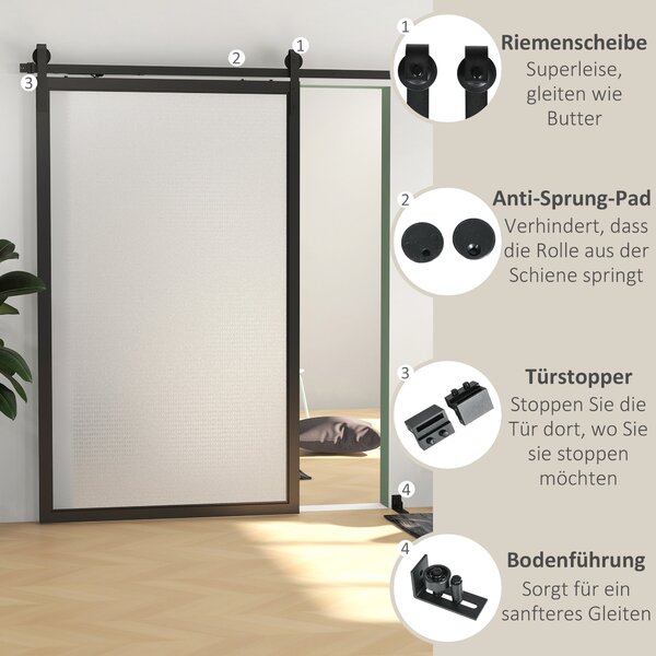 HOMCOM Sada kování pro posuvné dveře 244 cm – Kompletní set s funkcí tlumení, kolejničkami, kolečky, protišplhacími zařízeními, zarážkami dveří, vodič