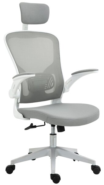 Ergonomická kancelářská židle Vinsetto s funkcí houpání, vysokým opěradlem, bederní oporou, opěrkou hlavy a skládacími područkami, šedá 65 x 64 x 114-