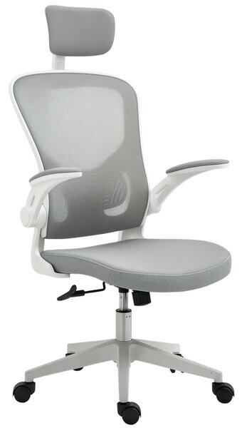 Ergonomická kancelářská židle Vinsetto s funkcí houpání, vysokým opěradlem, bederní oporou, opěrkou hlavy a skládacími područkami, šedá 65 x 64 x 114-